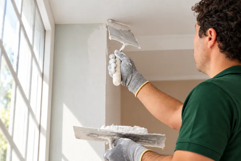 Albañil de Reparalia enluciendo una pared con la llana
