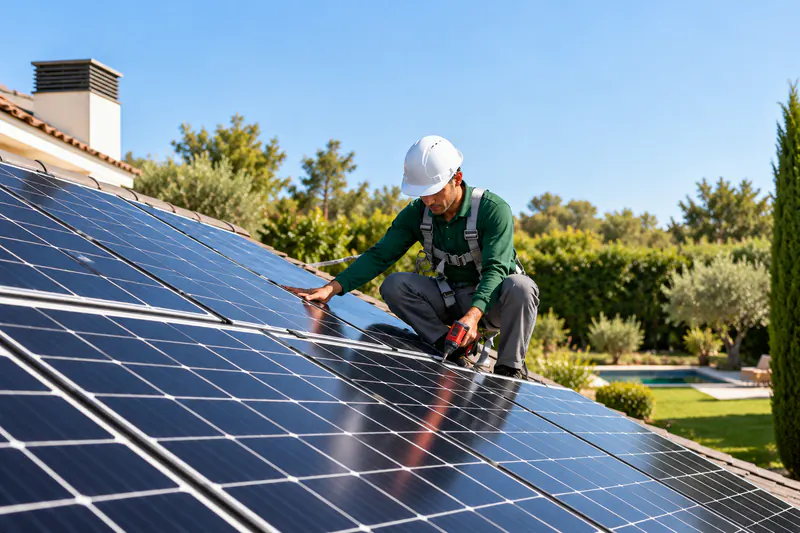 Técnico de Reparalia con casco comprobando un panel solar