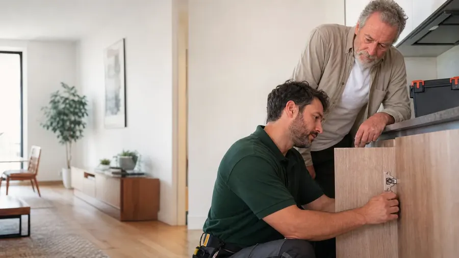 Manitas de Reparalia ajustando la puerta de un mueble de cocina junto al cliente